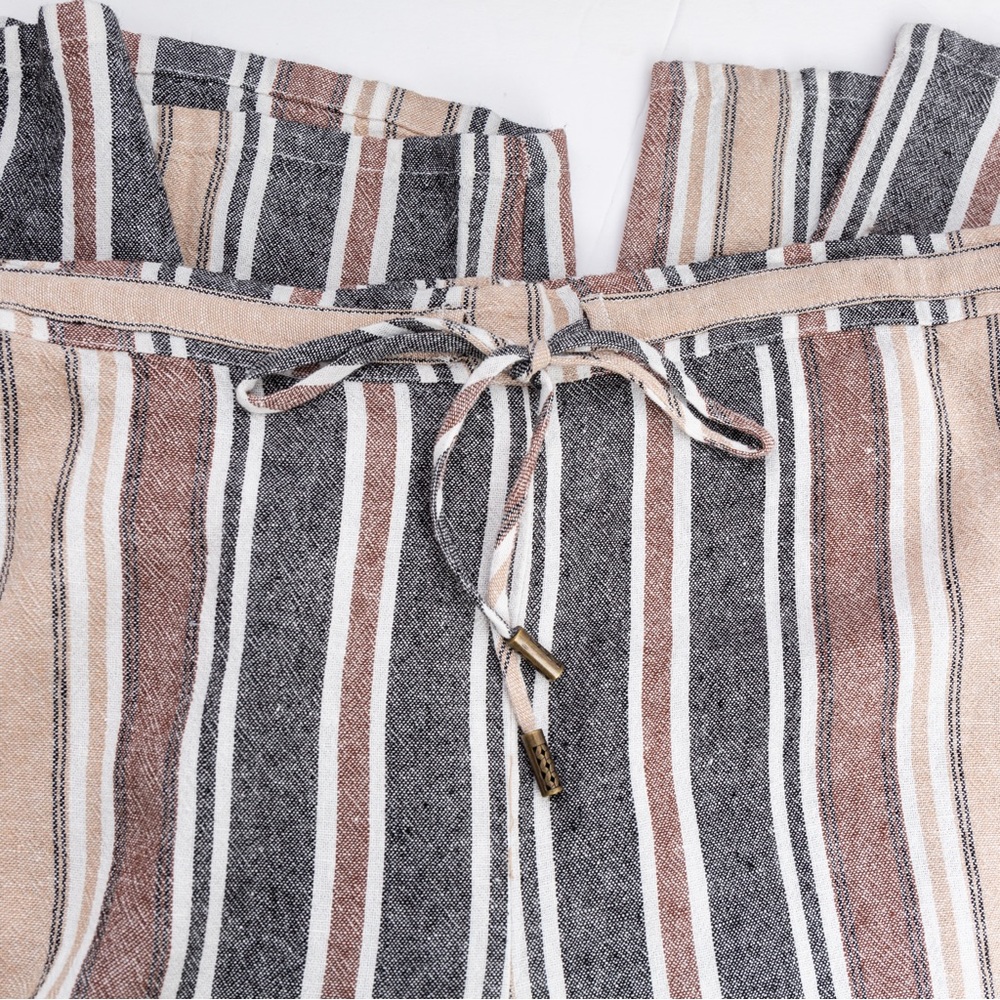 Linen blend wide leg pant striped drawstring neutral Susan Graver XL